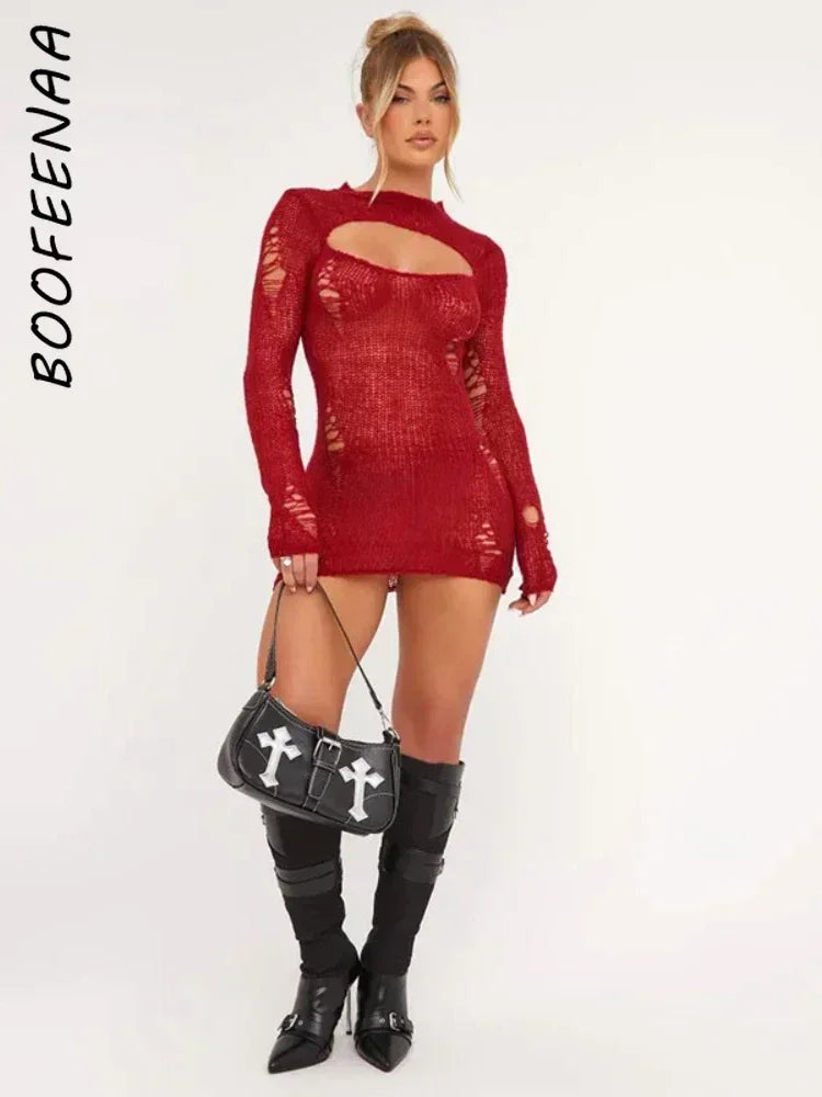 Distressed Sweater Dress Black Red Knitwears Sexy Hollow Out Long Sleeve Mini Dresses for Women Winter Outfit C85-DD22