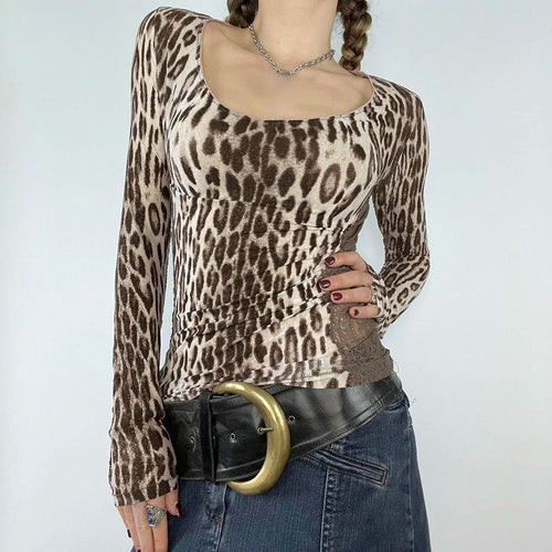 Load image into Gallery viewer, Vintage Leopard Printing Autumn T-shirts For Women Lace Patchwork Skinny Square Neck Top Tees Y2K Aesthetics Clothes
