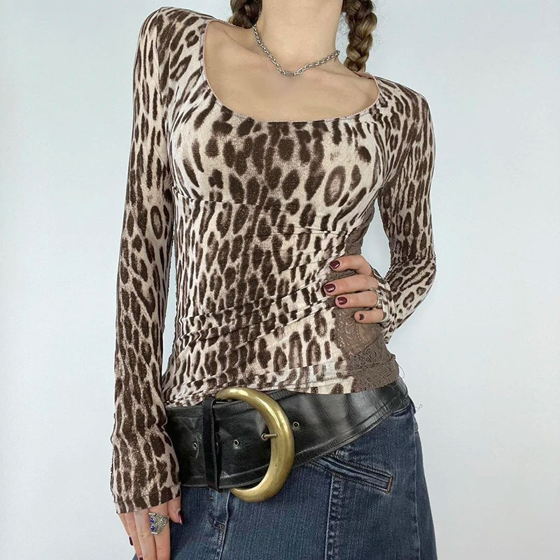 Vintage Leopard Printing Autumn T-shirts For Women Lace Patchwork Skinny Square Neck Top Tees Y2K Aesthetics Clothes