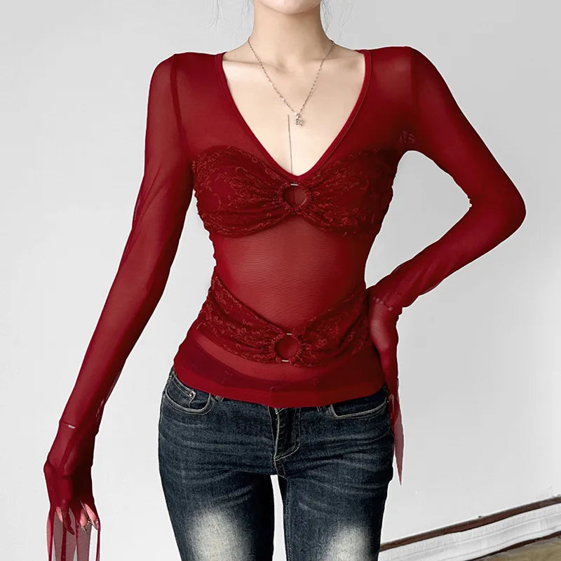Fairy Coquette Top y2k Clothes Women Sheer See Through V Neck Flared Long Sleeve Lace T Shirt 2000s Clothing Streetwear