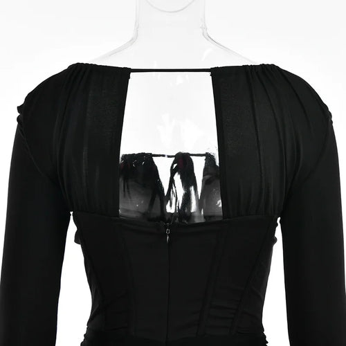 Load image into Gallery viewer, Hollow Out Spaghetti Strap Dresses Women Sexy High Waist Long Sleeve Party Outfits Solid Backless Black Fishbone Dress
