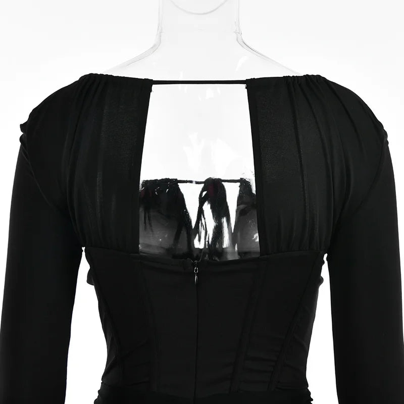 Hollow Out Spaghetti Strap Dresses Women Sexy High Waist Long Sleeve Party Outfits Solid Backless Black Fishbone Dress