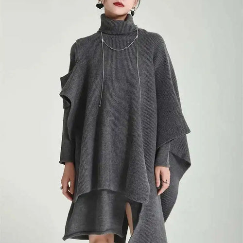 Load image into Gallery viewer, Women Gray Irregular Design Knitting Dress New Turtleneck Long Sleeve Loose Fit Fashion Tide Spring Autumn 2025 1DF2618
