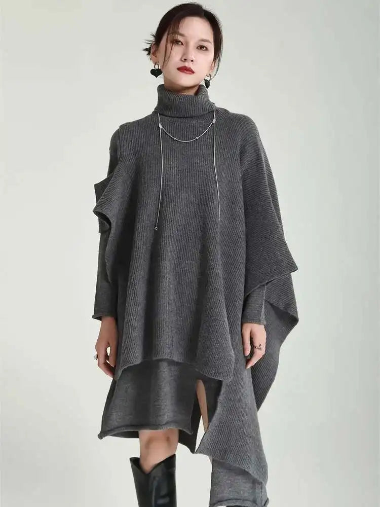 Women Gray Irregular Design Knitting Dress New Turtleneck Long Sleeve Loose Fit Fashion Tide Spring Autumn 2025 1DF2618