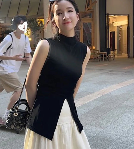 Harajuku Half Height Split Tee Shirts Women Y2k Aesthetic Solid Vintage Sleeveless T-Shirt Streetwear Casual Grunge Crop Tops
