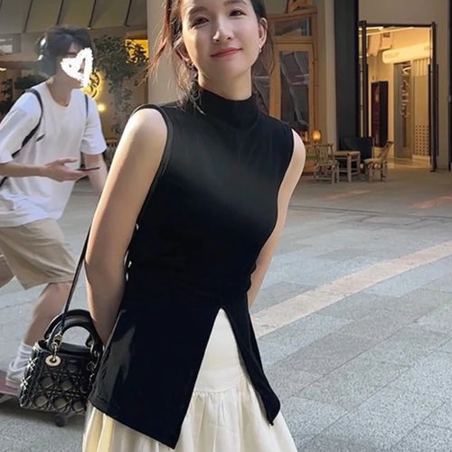 Load image into Gallery viewer, Harajuku Half Height Split Tee Shirts Women Y2k Aesthetic Solid Vintage Sleeveless T-Shirt Streetwear Casual Grunge Crop Tops
