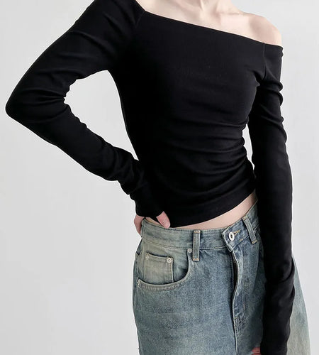 Casual Off Shoulder Top Black Skinny Basic Women's T-shirts Solid Slim Korean Fashion Gothic Tees Slash Neck Outfits