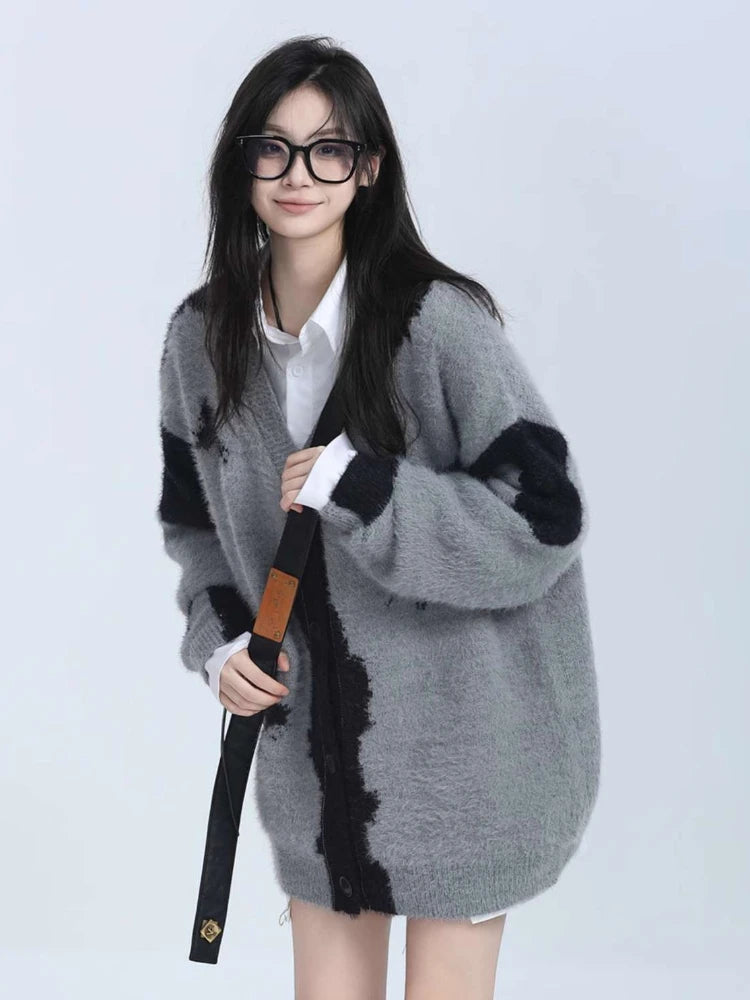 Y2k Aesthetic Butterfly Jacquard Knitted Cardigan Women Vintage Single Breasted Jacket Harajuku Loose Sweater Coat Streetwear