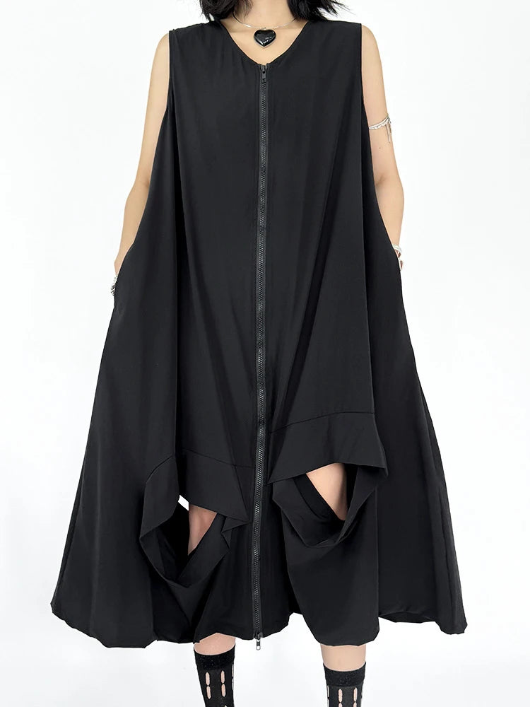 Women Black Zipper Hollow Out Big Size A-line Vest Dress New V-Neck Sleeveless Fashion Tide Spring Summer 2025 1DJ1410
