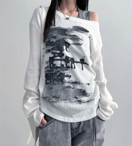 Autumn Harajuku Women Printing Tees Vintage Streetwear Grunge Skew Collar Tops Y2k Aesthetic Loose Casual Hiphop Vintage Tops