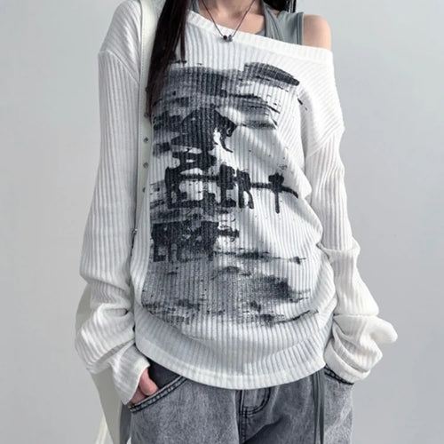 Load image into Gallery viewer, Autumn Harajuku Women Printing Tees Vintage Streetwear Grunge Skew Collar Tops Y2k Aesthetic Loose Casual Hiphop Vintage Tops

