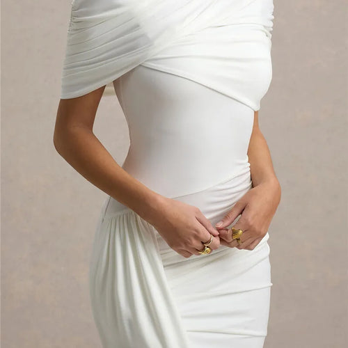 Load image into Gallery viewer, Half Sleeve Backless Ruched Sexy Maxi Dress Women Summer New Turtleneck Slim High Waist Evening Club Party Long Dress
