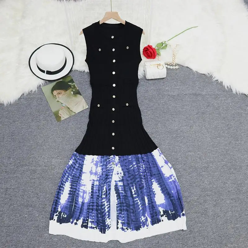 Korean Black Blue Print Patchwork Sleeveless Single Breasted Knitted Dress Women's Summer Red Elegant Round Neck Slim Long Dress
