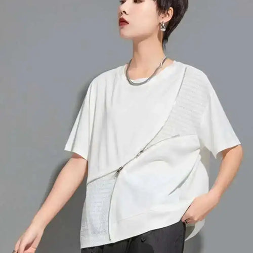 Load image into Gallery viewer, Women Black Irregular Zipper Big Size Casual T-shirt New Round Neck Short Sleeve Fashion Tide Spring Summer 2025 1DF6526
