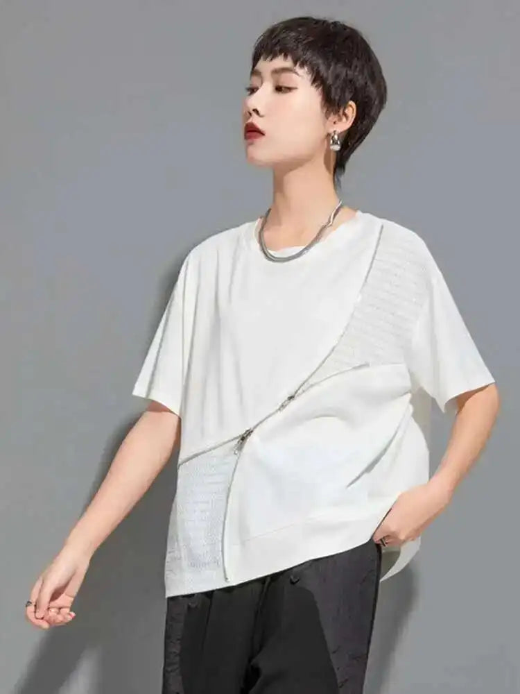 Women Black Irregular Zipper Big Size Casual T-shirt New Round Neck Short Sleeve Fashion Tide Spring Summer 2025 1DF6526