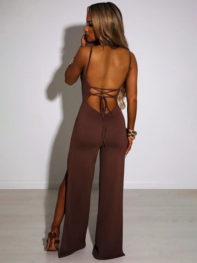 Sexy Backless High Slit Bandage Women Jumpsuits White Spaghetti Strap Elegant Jumpsuit Female Summer Slim Party Clubwear