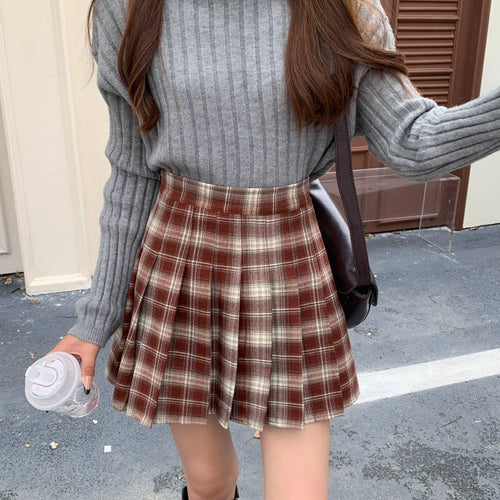 Load image into Gallery viewer, Korean Style Women's Black Plaid High Waist Corduroy Pleated Short Skirt Autumn Winter Ladies Retro Red Elegant Sexy Mini Skirts
