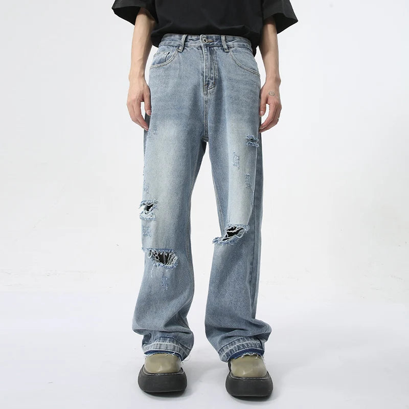 Trendy Men's Straight Jeans Worn-out Hole Design Autumn New Streetwear American Style Wide Leg Denim Pants Spring 9C5979