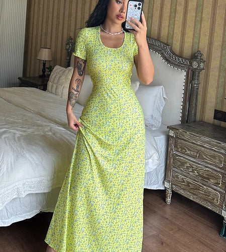 Elegant Ribbed Floral Print Square Collar Short Sleeve Bandage Sexy Maxi Dress Women Clothes Birthday Party Festival