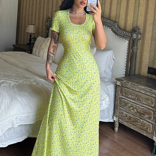 Load image into Gallery viewer, Elegant Ribbed Floral Print Square Collar Short Sleeve Bandage Sexy Maxi Dress Women Clothes Birthday Party Festival
