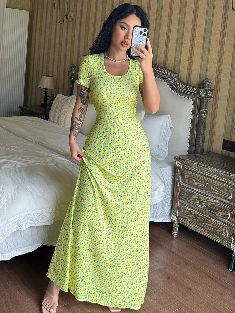 Elegant Ribbed Floral Print Square Collar Short Sleeve Bandage Sexy Maxi Dress Women Clothes Birthday Party Festival