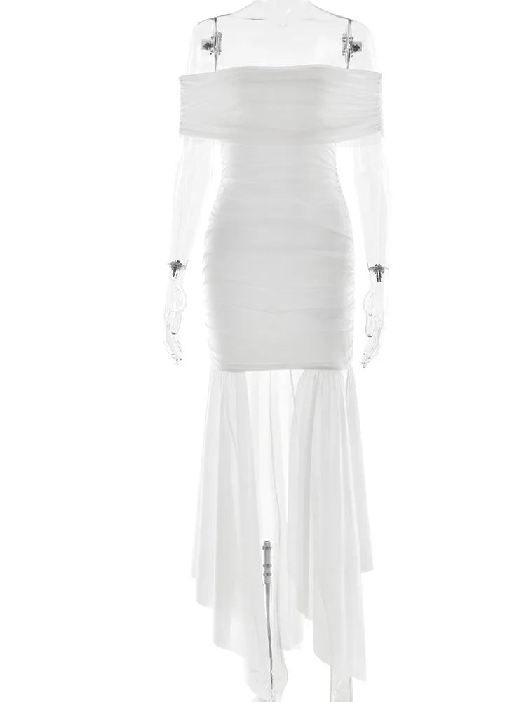 Elegant Sleeveless One Shoulder Mesh Patchwork Elastic Tight Dress Women Sexy Backless Perspective Party Club Vestido