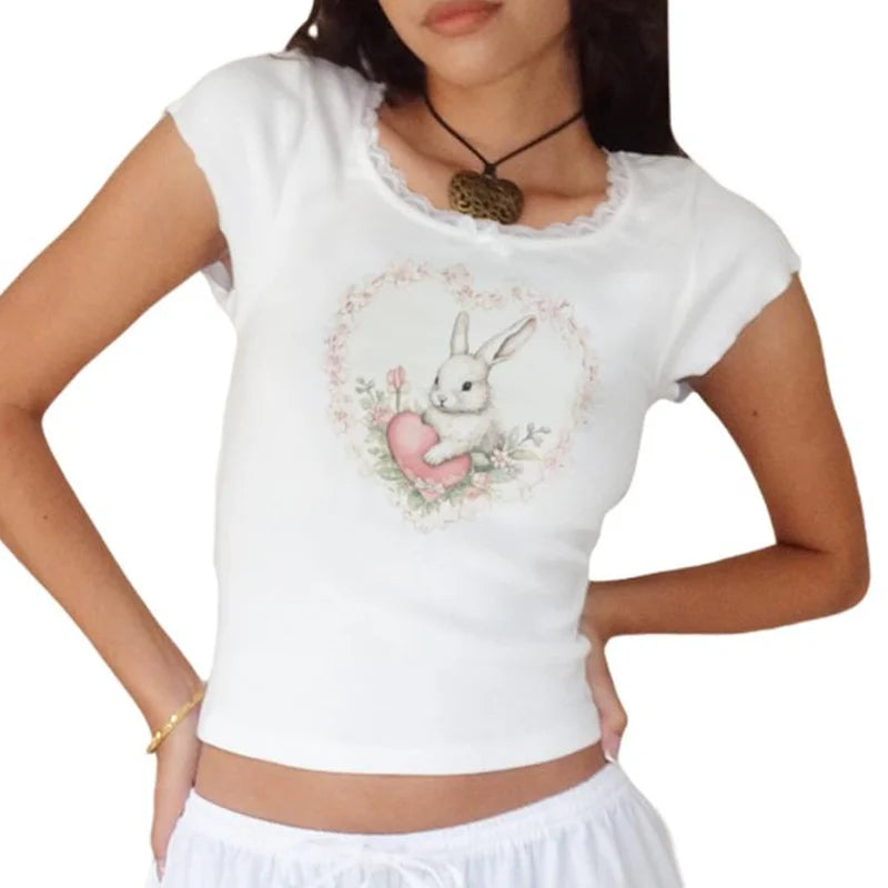 y2k Baby Tee Graphic Crop Top 2000s Women Lave Trim Round Neck Short Sleeve T Shirt Fairycore Clothing White Streetwear