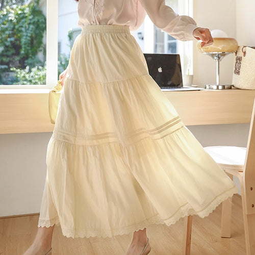 Load image into Gallery viewer, Spring Summer Black White Patchwork Lace High Waist Pleated Skirt Women French Vintage Beige Elegant Vacation Party Long Skirts
