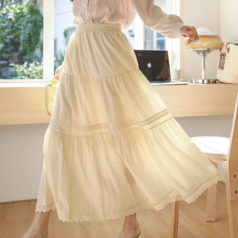 Spring Summer Black White Patchwork Lace High Waist Pleated Skirt Women French Vintage Beige Elegant Vacation Party Long Skirts