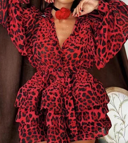 Solid Spliced Lace Up Mini Dresses For Women Lapel Long Sleeve High Waist Temperament Patchwork Ruffle Dress Female