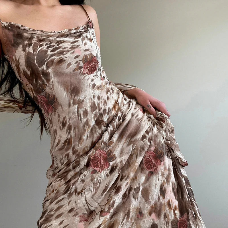 Vintage Fashion Leopard Flowers Print Long Dress Party Spaghetti Strap Y2K Chic Holidays Sundress Elegant Women Sexy