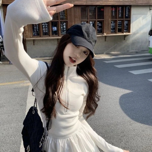 Load image into Gallery viewer, Autumn Korean Style Zip White Dress Women Kpop Wrap Long Sleeve Long Dresses Streetwear Solid Simple Ladies Chic
