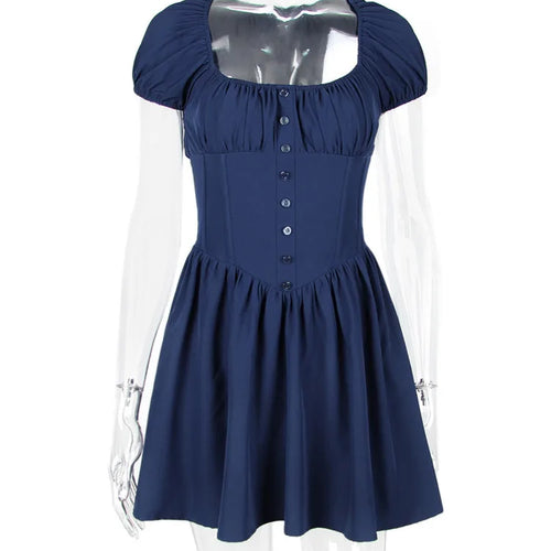 Load image into Gallery viewer, Square Collar Pleated Mini Dress For Women Navy Blue Fashion Short Sleeve Backless A-line Club Party Sexy Dress Elegant
