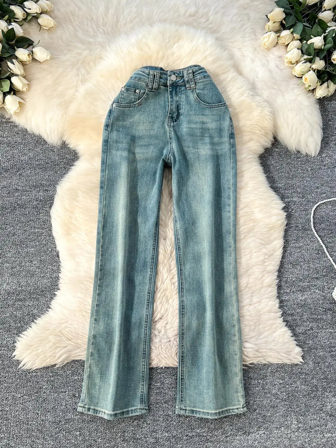 Spring Korean Version Vintage Blue High Waist Straight Denim Pant Women Ankle-length Wide Leg Jeans Fashion Popular Trousers New