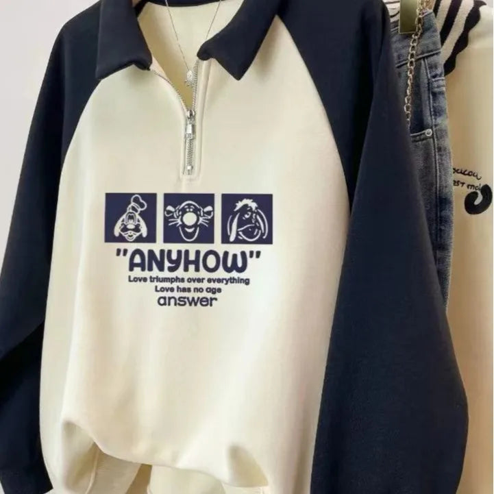 Korean 2024 Autumn Winter New Beige Patchwork Letter Print Zipper Sweatshirt Women Long Sleeve Loose Pullover Tops Casual Trendy