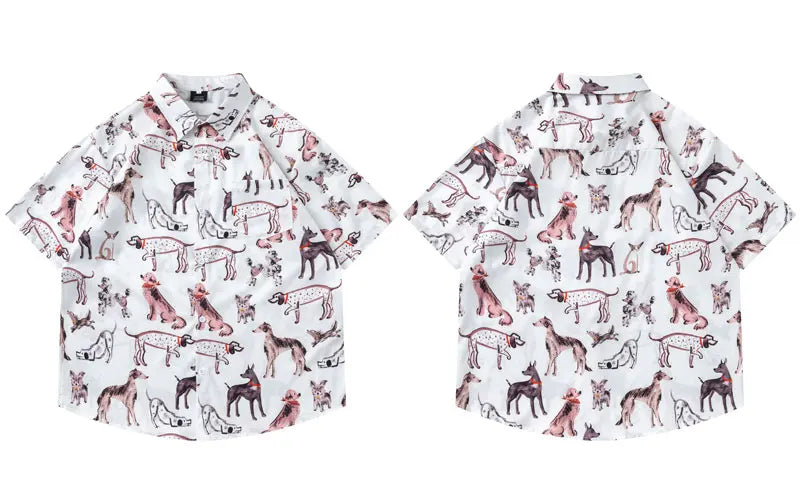 Harajuku Hawaiian Shirts Graffiti Cartoon Dog Graphic Printed Summer Beach Blouse Men Hip Hop Baggy Button Up Short Sleeve Tops