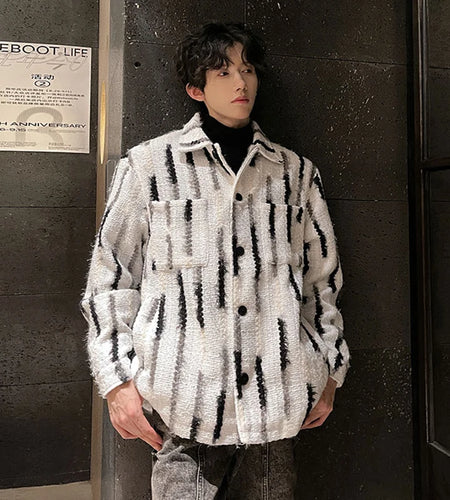 Korean Style Men's Jackets Lapel Striped Single Breasted Casual Tops Contrast Color Loose Male Coats Winter Trendy 9C9201