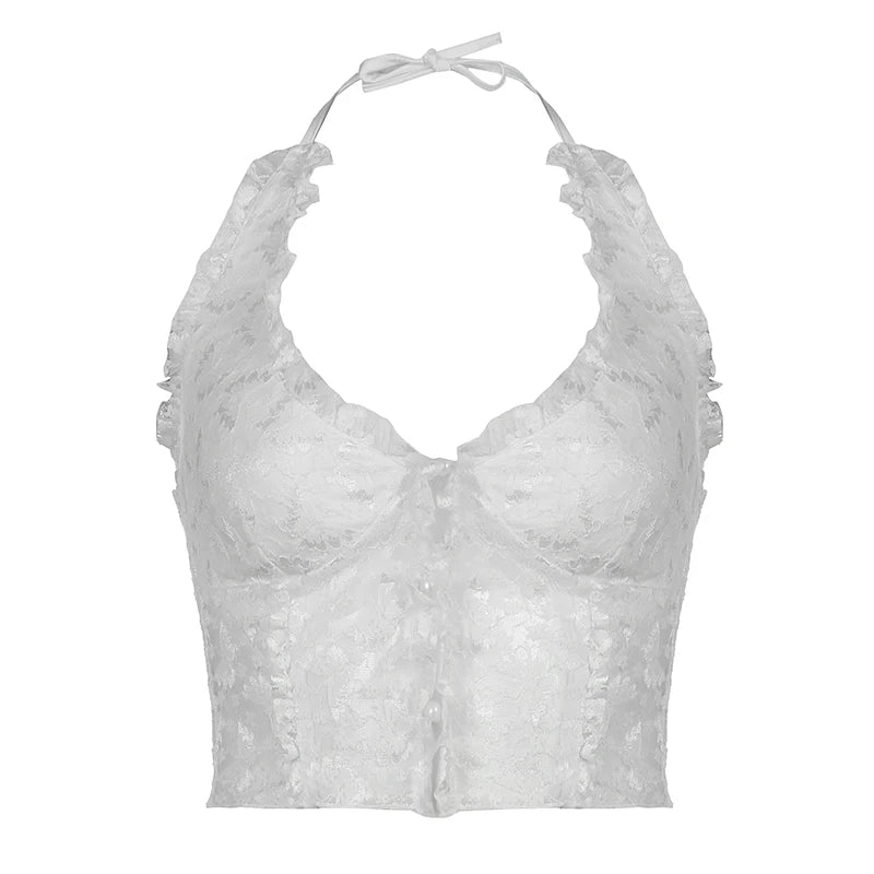Fashion White Sexy Lace Tank Tops Short Backless Club Party Ruched Backless Halter Top Vest Ruffles Transparent Tees