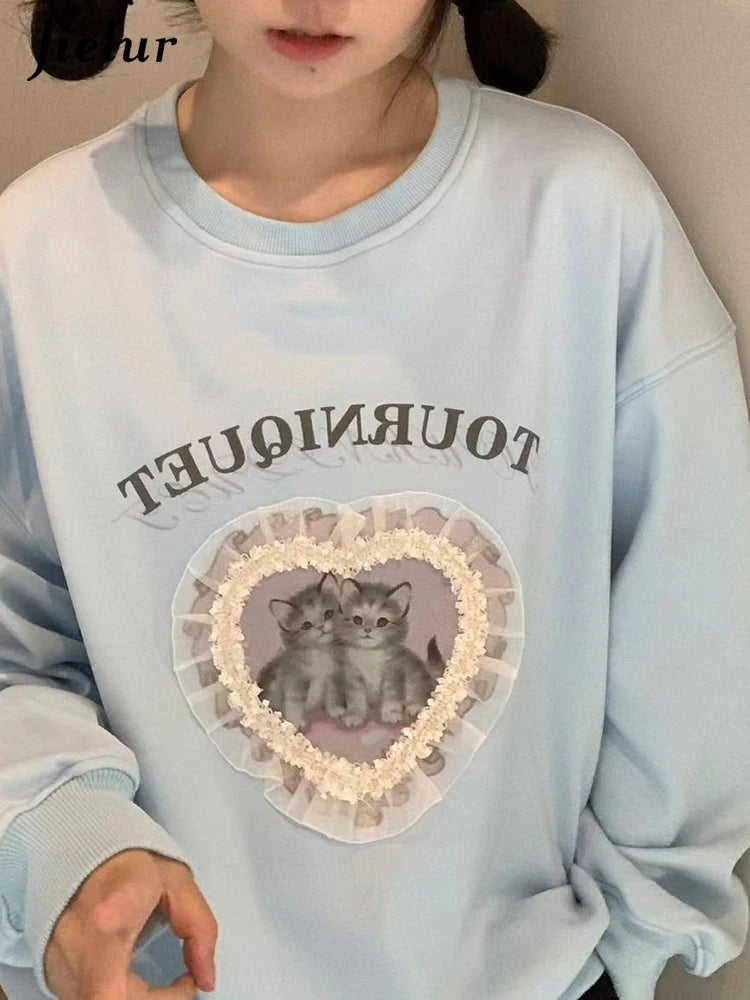 Solid Color Loose Simple Casual Female Hoodies Fashion Letter Printing Chic O-neck Pullovers Basic Women Hoodies Sky Blue