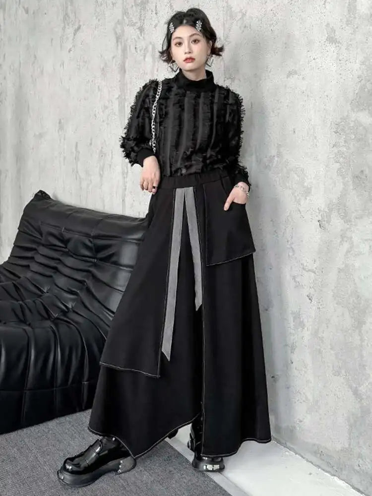 Women Black Tassels Perspective Elegant T-shirt New Turtleneck Long Sleeve Fashion Tide Spring Autumn 2025 1DH4415