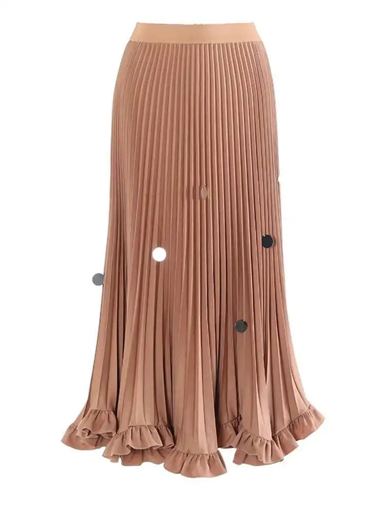 High Elastic Waist Khaki Pleated Elegant Sequins A-line Half-body Skirt Women Fashion Tide New Spring Autumn 2025 1DH8169