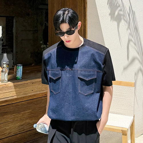 Load image into Gallery viewer, Korean Male T-shirt Denim Personalized Patchwork Short Sleeved Men&#39;s Top Pocket Decoration O-neck Summer Trend 9C6450
