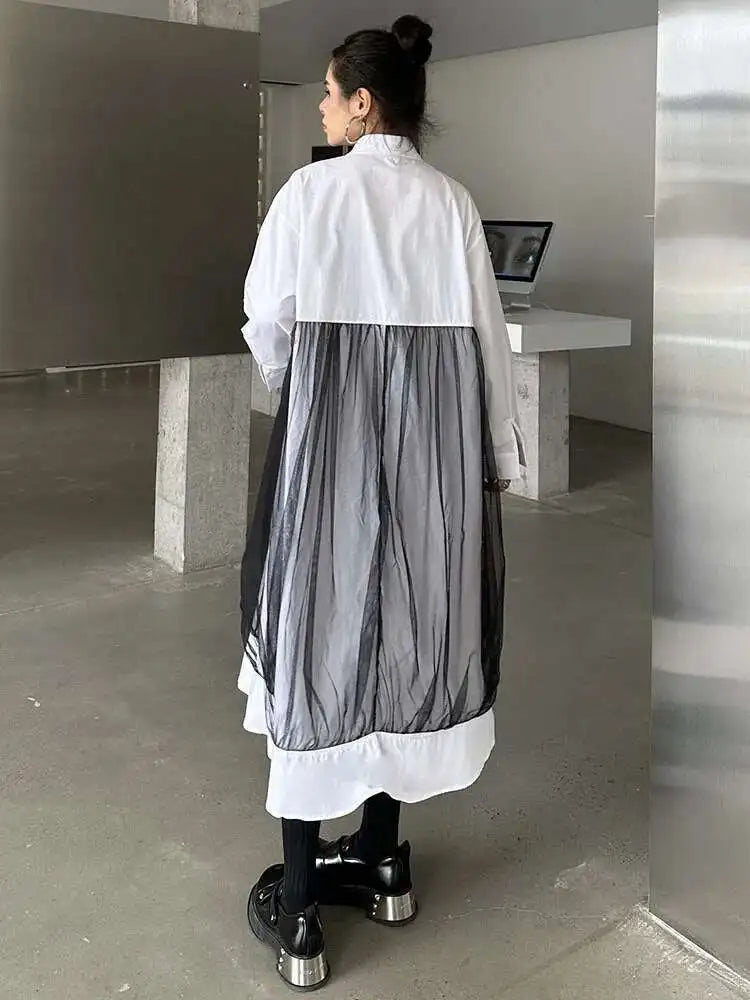 Women White Mesh Ribbons Pocket Big Size Midi Shirt Dress New Lapel Long Sleeve Fashion Tide Spring Autumn 2025 1DH8647