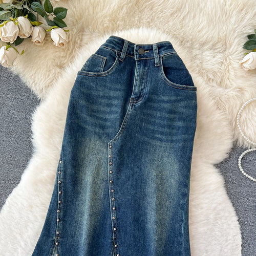 Load image into Gallery viewer, 2023 New Women's Rivet Denim Split Long Skirt High Waist Blue Mermaid Jeans Skirts Female A-line Wrapped Hip Fishtail Skirt Chic
