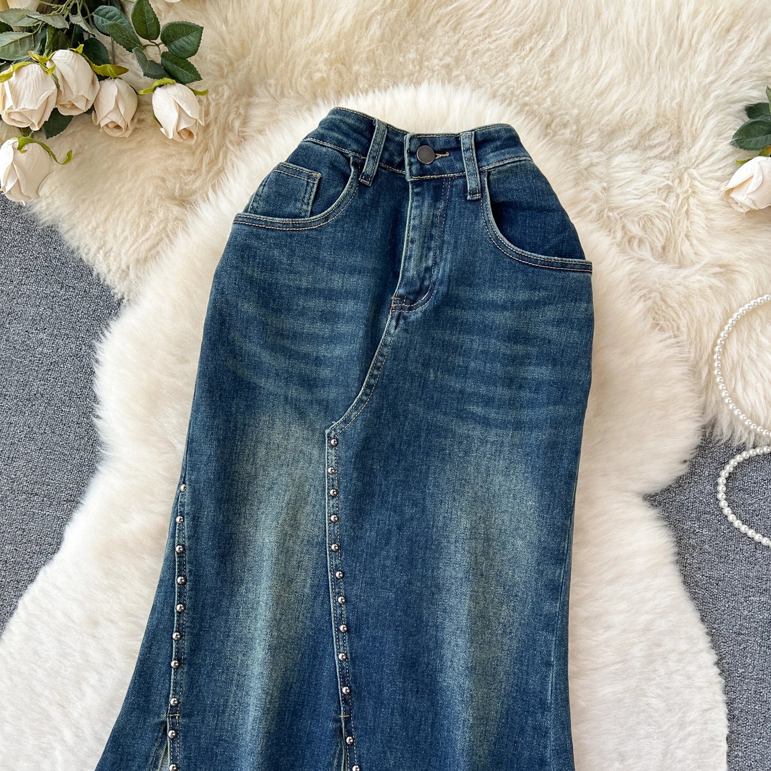 2023 New Women's Rivet Denim Split Long Skirt High Waist Blue Mermaid Jeans Skirts Female A-line Wrapped Hip Fishtail Skirt Chic
