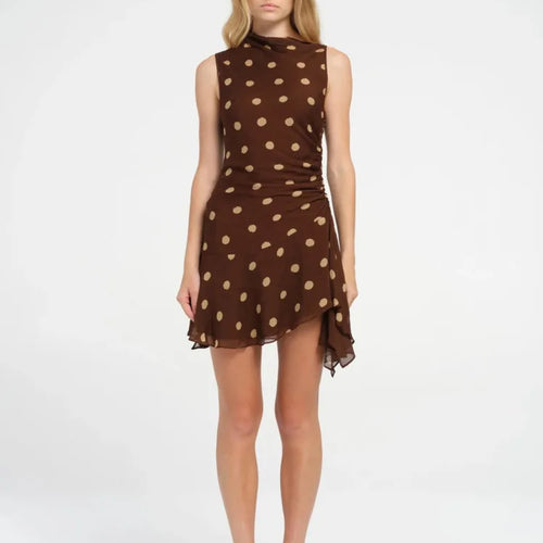 Load image into Gallery viewer, Sleeveless Polka Dot Dress For Woman Fashion Brown Print Mesh O Neck Ruched Mini Dress Elegant Irregular Dresses
