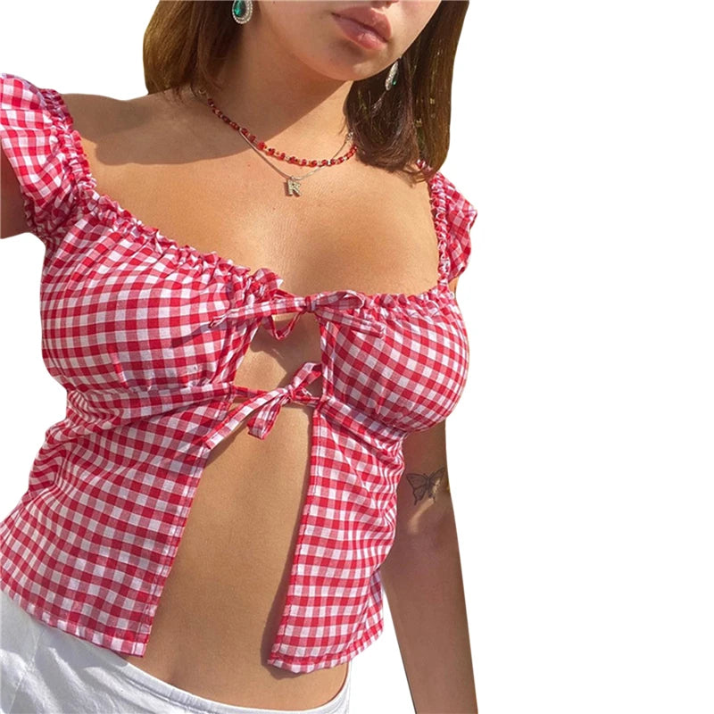 Fairy Grunge Plaid Crop Top Summer Women Short Sleeve Tie Up Bandage Vest Kawaii Off Shoulder T Shirt Female Clothes