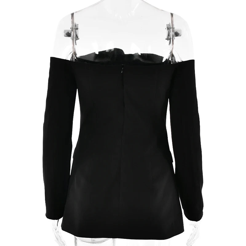 Off-shoulder Strapless Sexy Blazer Dress For Women Fashion Solid Zipper Two Pocket Long Sleeve Backless Mini Dress