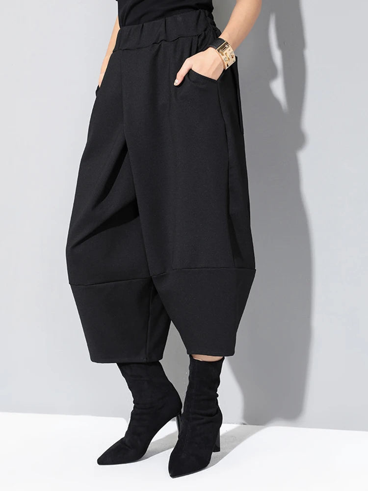 Spring Autumn High Elastic Waist Black Loose Big Pocket Brief Loose Harem Pants Women Trousers Fashion Tide JQ012