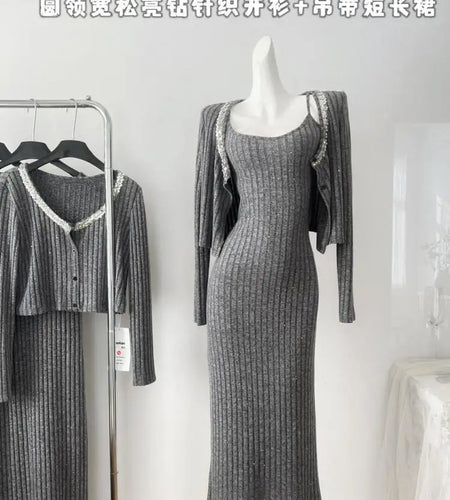Vintage French Women's Autumn Winter Gray Sequin Diamond Long Sleeved Single Breasted Tops And Slip Dress Two-piece Sets Fashion